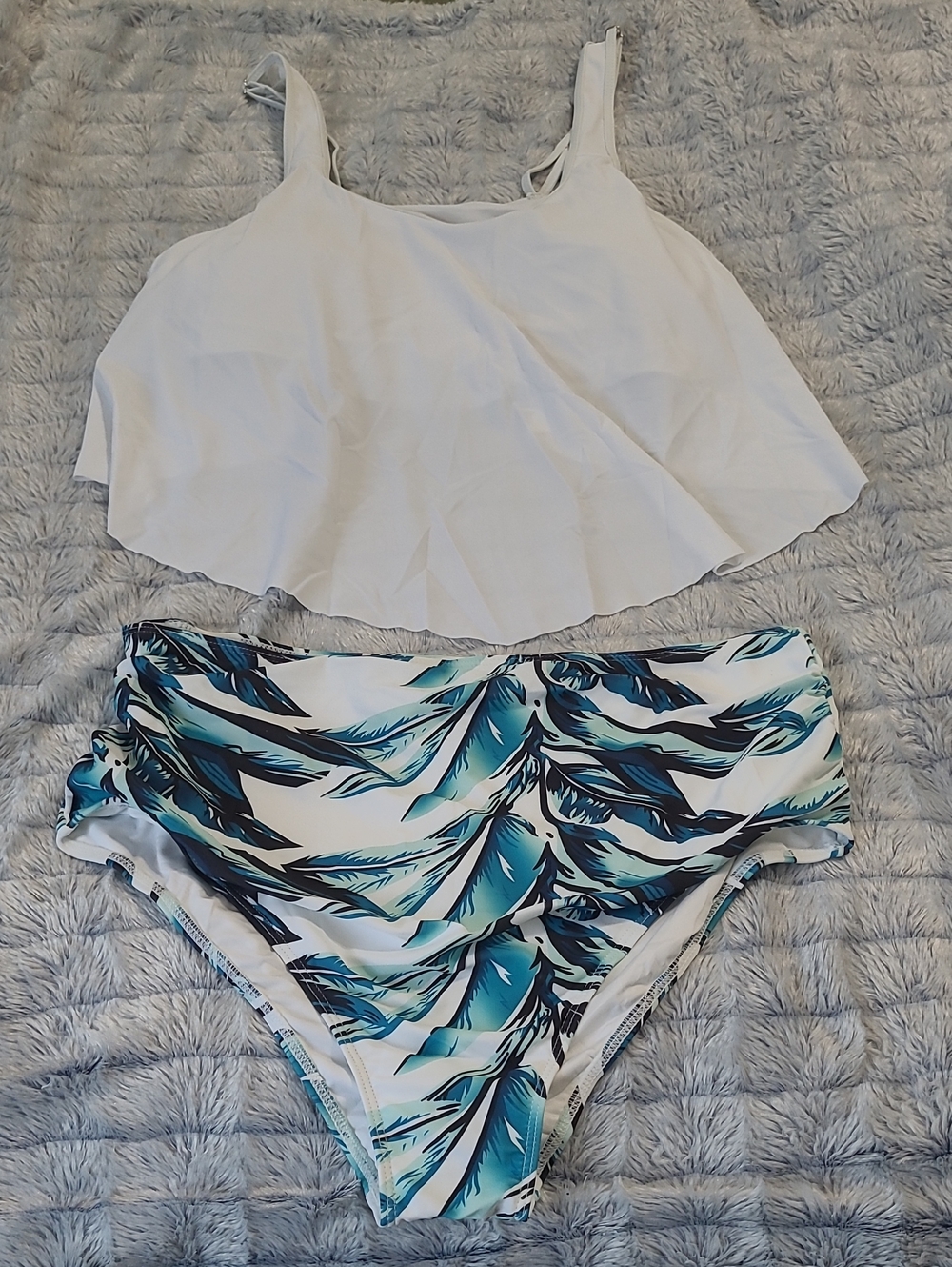 Amazon White Flowy Tankini Top with Teal and Navy Leaf-Print High-Waist Bottoms